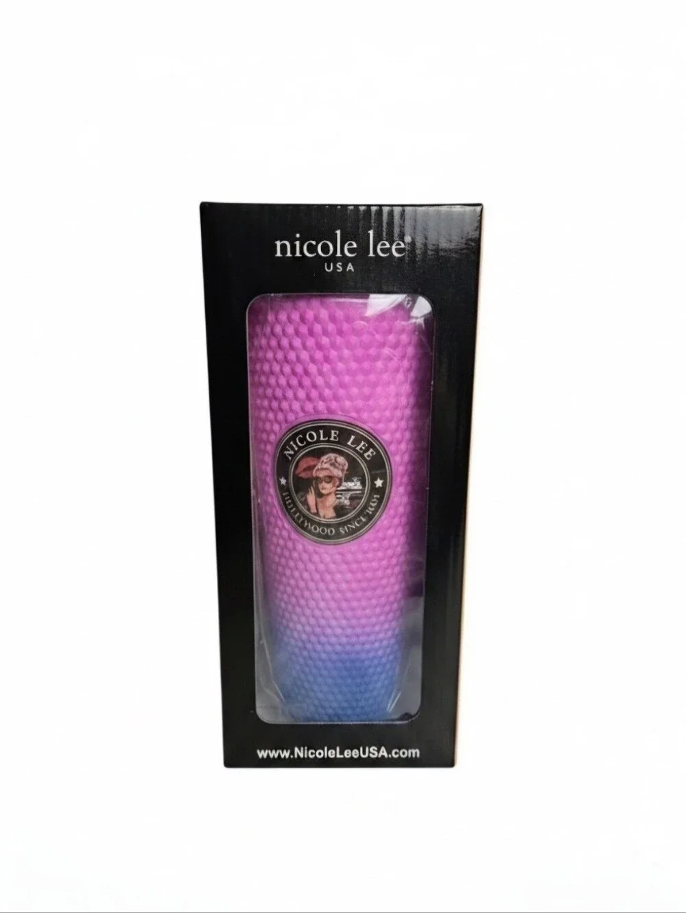 Nicole Lee Studded Tumbler Pink & Blue 24oz Cold Cup with Straw Lady in Black